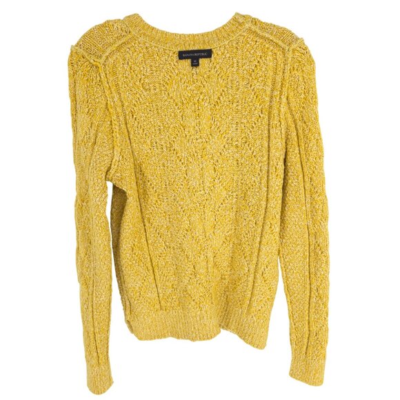 Banana Republic Cable-Knit Crewneck Sweater Marled Yellow Preppy Cheery Cotton M - Picture 14 of 16